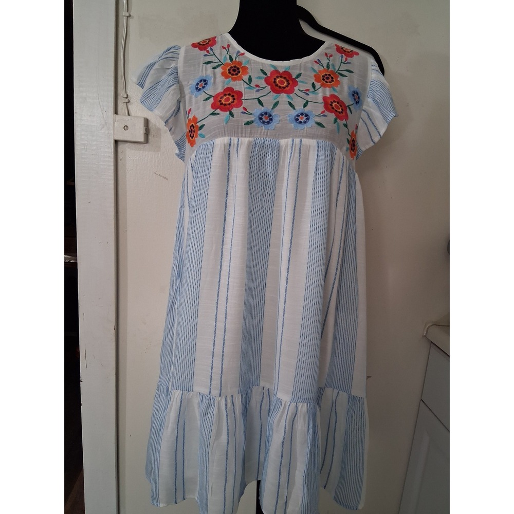 Floral Embroidered Striped Flutter Sleeve Tiered Ruffle Shift Dress Blue White